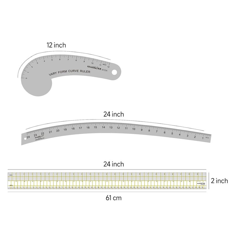 KEARING Fashion Designer's Ruler Kit, French Curve Ruler for Pattern Making, Light Aviation Aluminum Hip Curve Ruler, L-Square Ruler, Vary Form Curve Ruler for Pattern Making Sewing,Quilting - Image 2